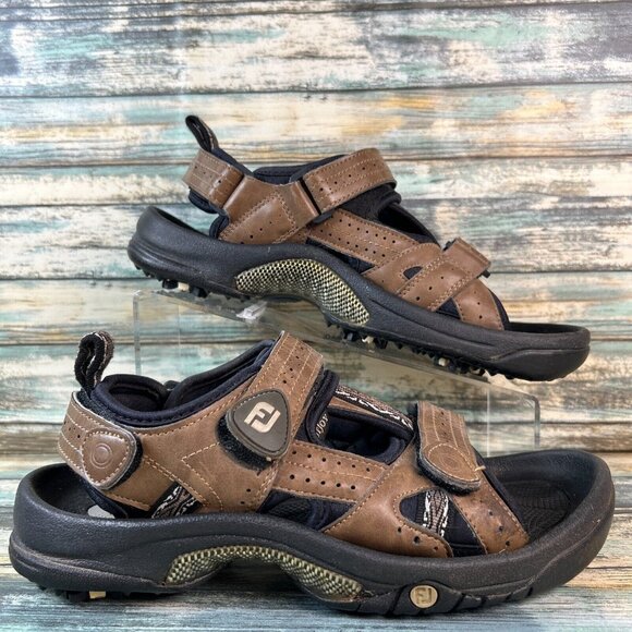 Footjoy Golf Sandals Brown Faux Leather 3 Hook & Loop Adjustable Straps Mens 8M - Picture 1 of 12